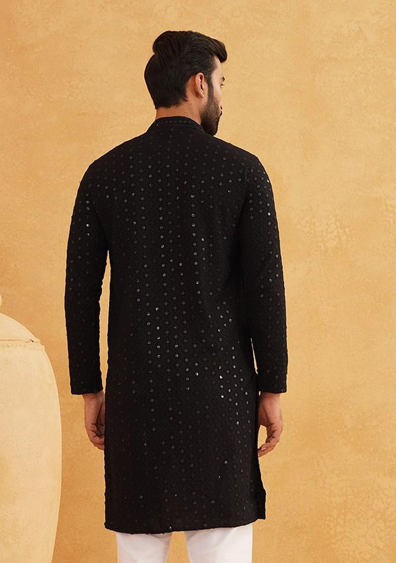 Black Thread Work Poly Blend Kurta For Men