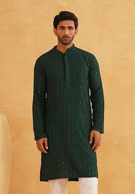 Green Thread Work Poly Blend Kurta For Men