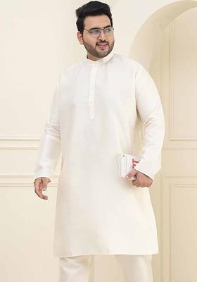 Off White Solid Poly Blend Kurta For Men