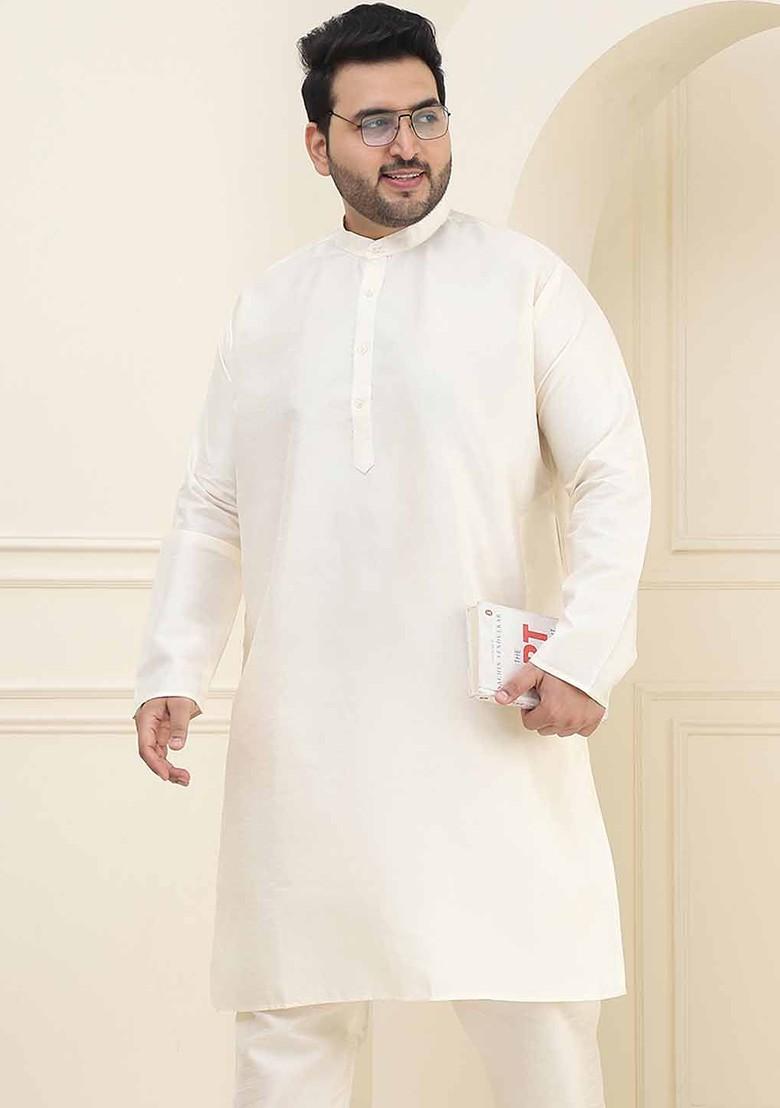 Off White Solid Poly Blend Kurta For Men