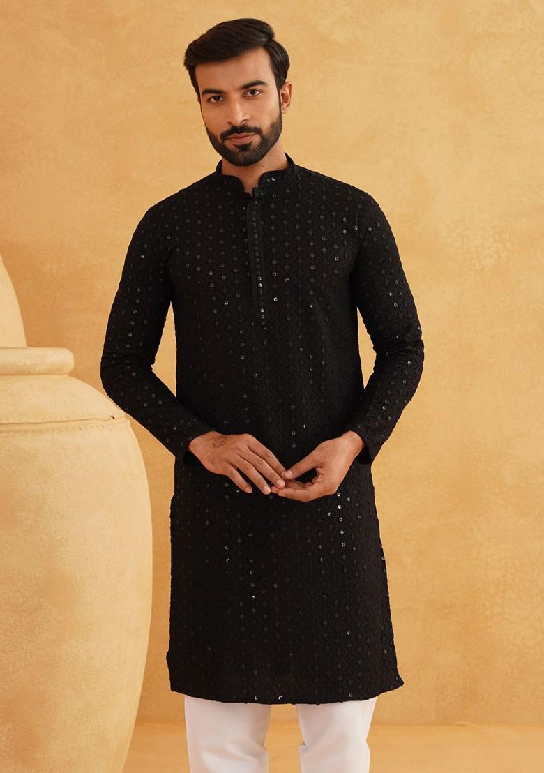 Black Embroidered Cotton Kurta For Men