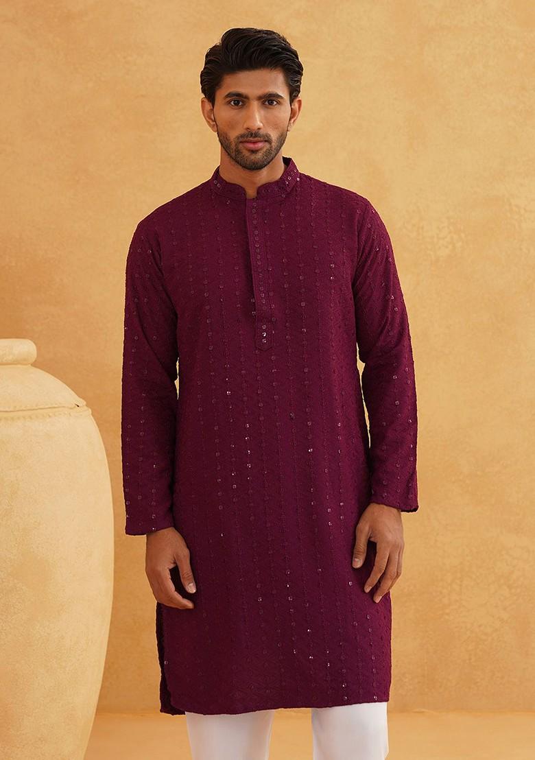 Purple Embroidered Cotton Kurta For Men