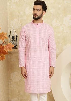 Pink Embroidered Cotton Kurta For Men
