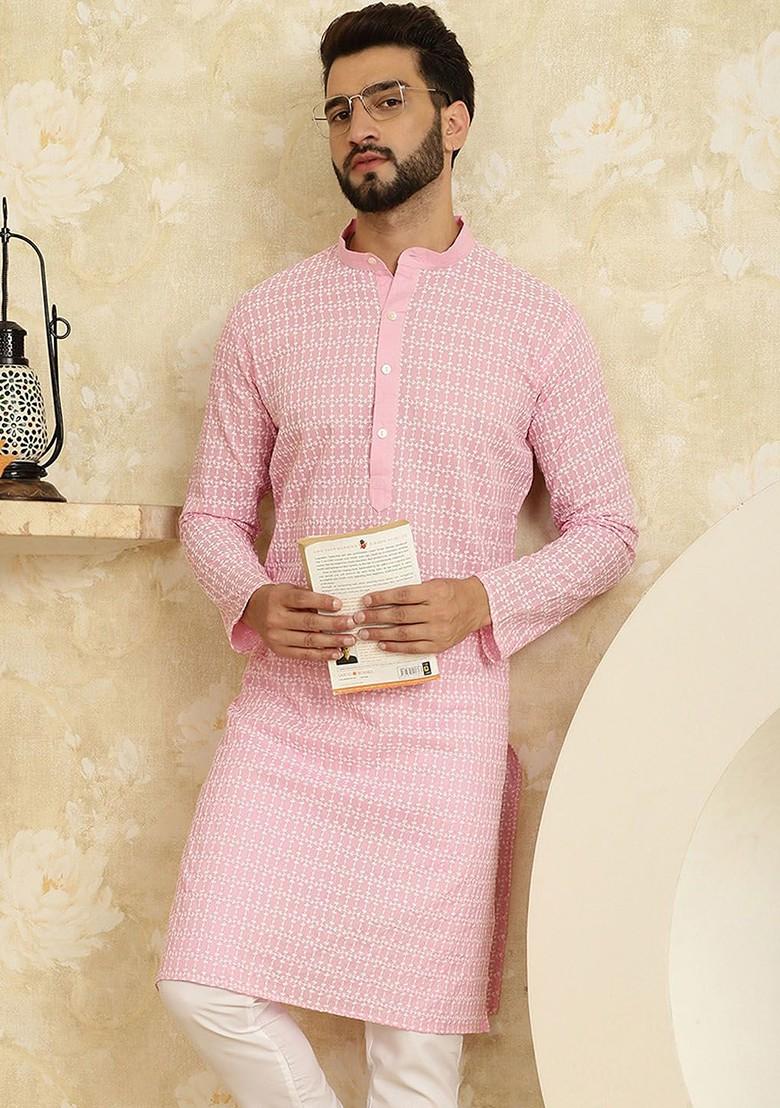 Pink Embroidered Cotton Kurta For Men