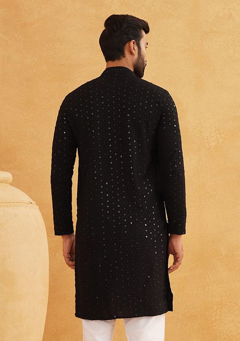 Black Embellished Cotton Kurta For Men