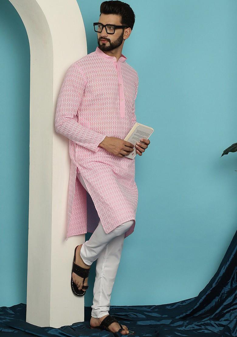 Pink Thread Work Cotton Kurta For Men