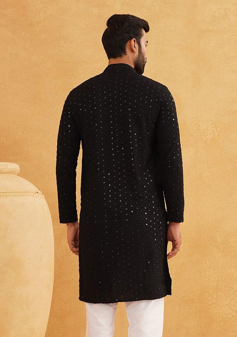 Black Embroidered Cotton Kurta For Men