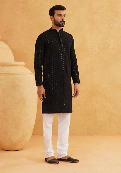 Black Embroidered Cotton Kurta For Men