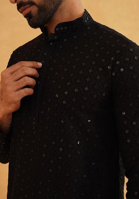 Black Embroidered Cotton Kurta For Men