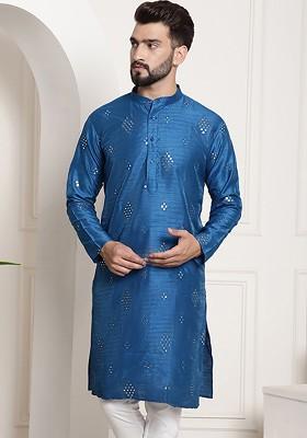 Blue Mirror Work Cotton Kurta For Men