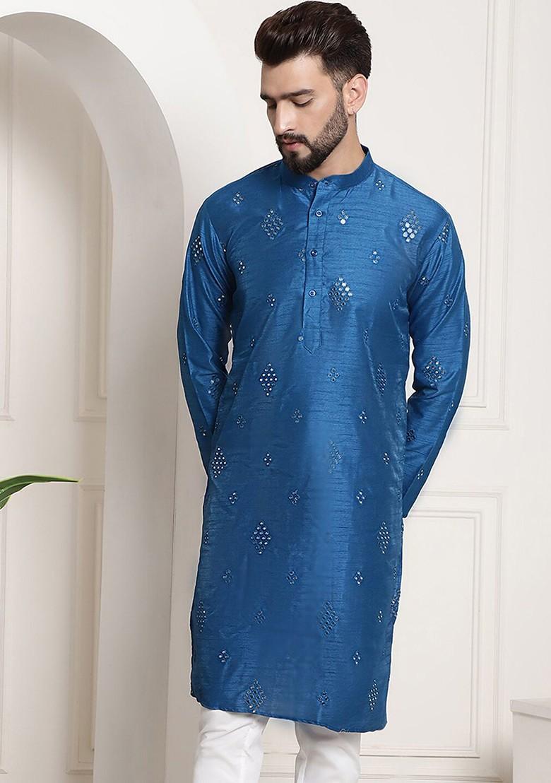 Blue Mirror Work Cotton Kurta For Men