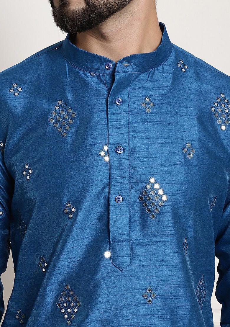 Blue Mirror Work Cotton Kurta For Men