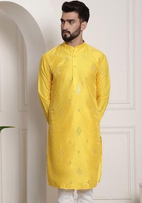 Yellow Mirror Work Cotton Kurta For Men