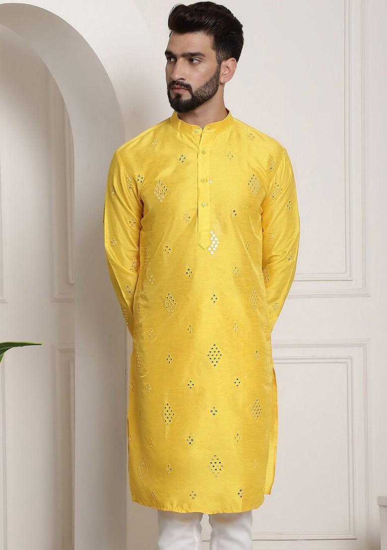 Yellow Mirror Work Cotton Kurta For Men