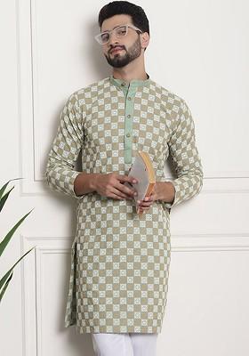 Green Thread Work Cotton Kurta For Men