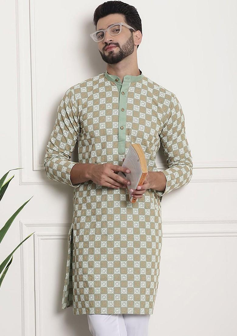 Green Thread Work Cotton Kurta For Men