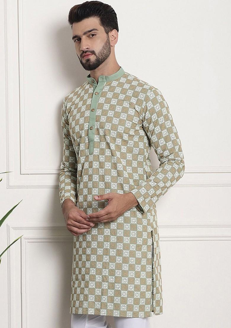 Green Thread Work Cotton Kurta For Men