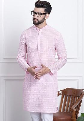Pink Embroidered Cotton Kurta For Men