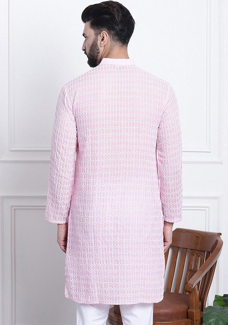 Pink Embroidered Cotton Kurta For Men