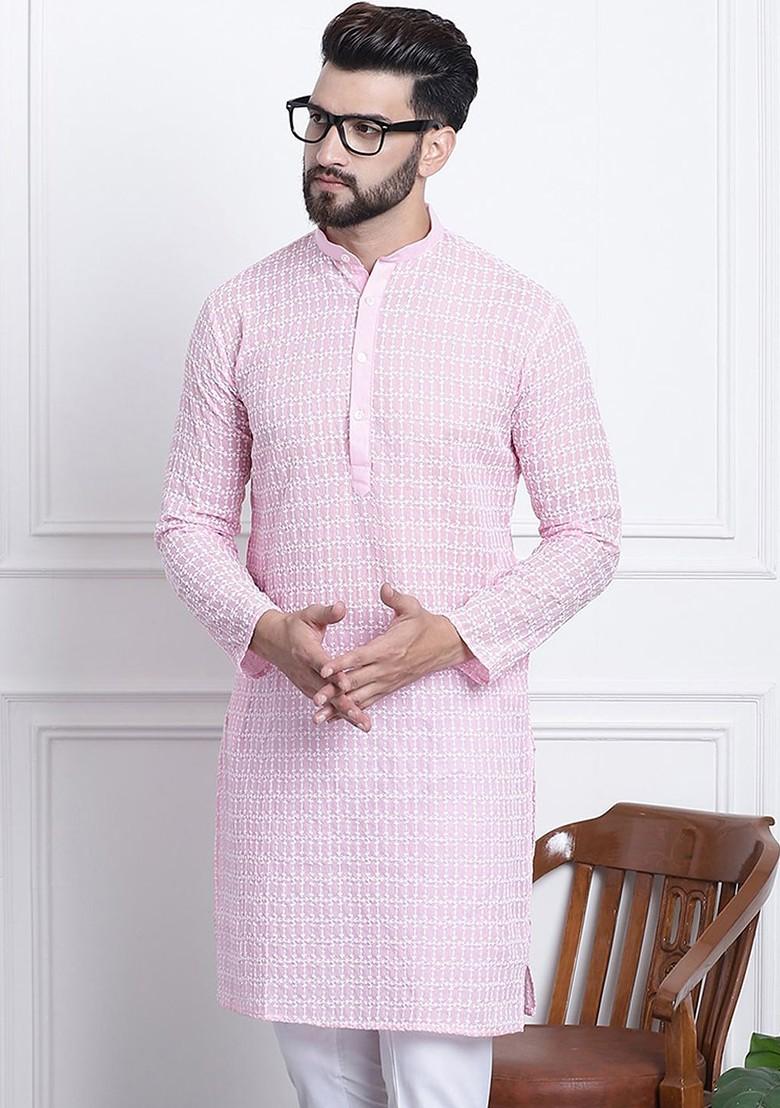 Pink Embroidered Cotton Kurta For Men