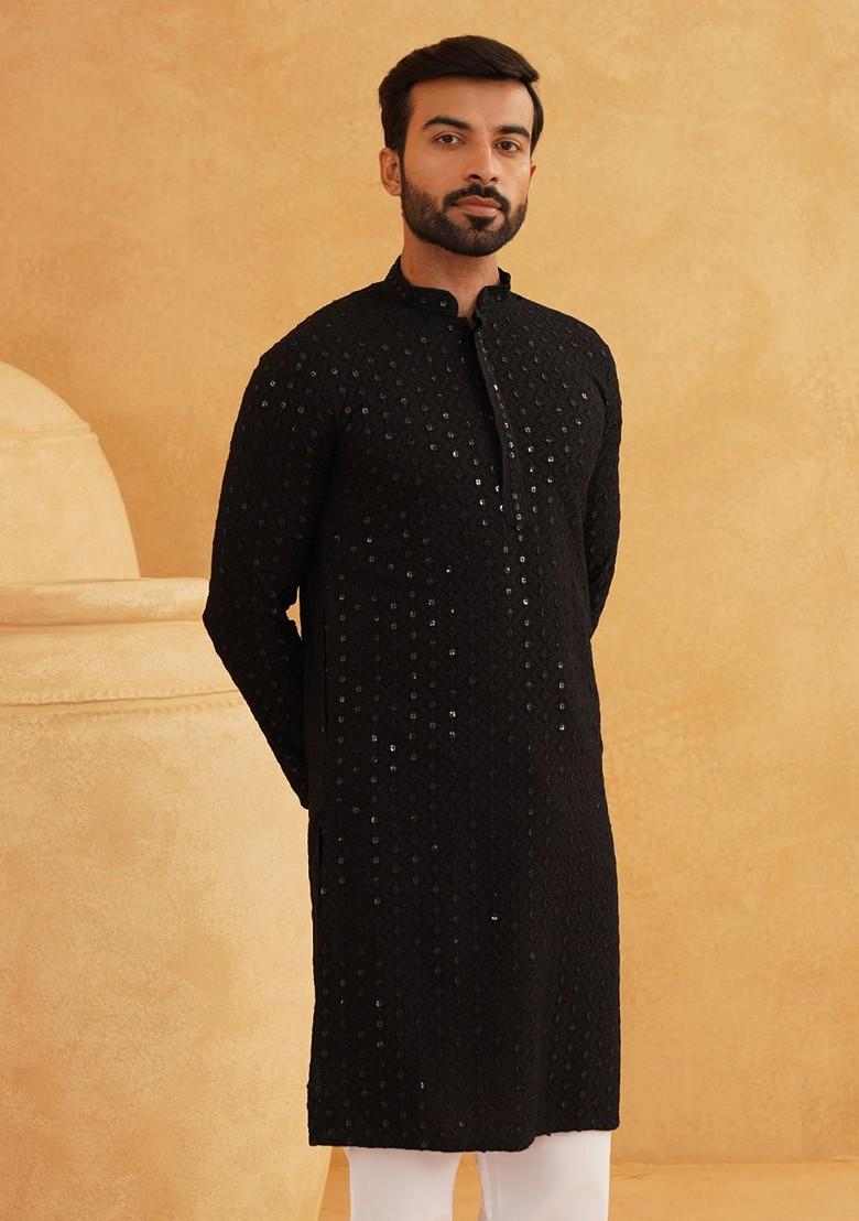 Black Thread Work Poly Blend Kurta For Men