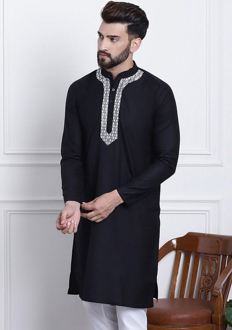 Black Thread Work Cotton Kurta For Men