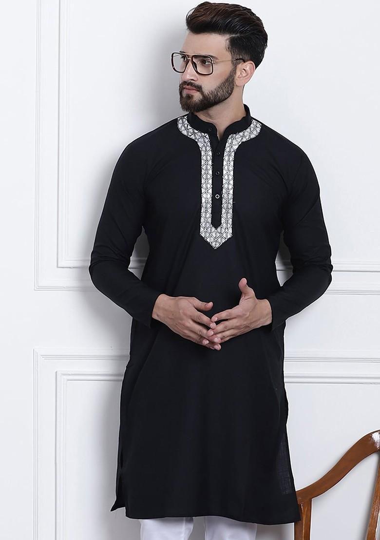 Black Thread Work Cotton Kurta For Men