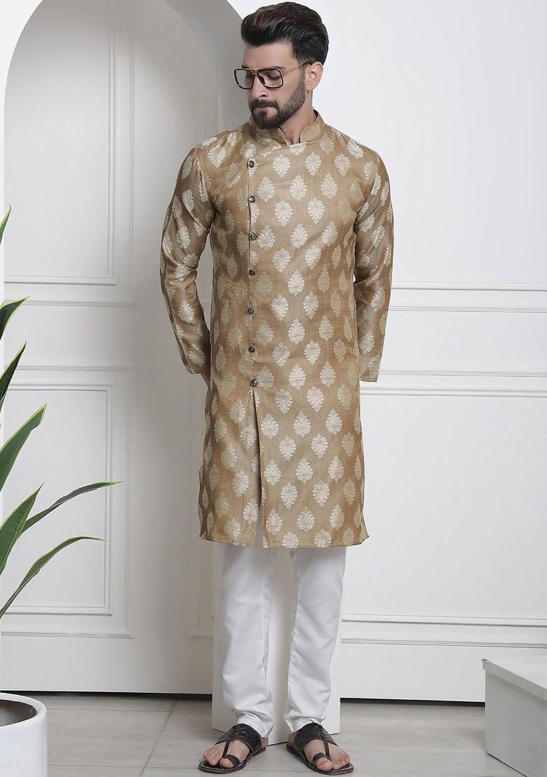 Beige Ethnic Motifs Poly Blend Kurta For Men