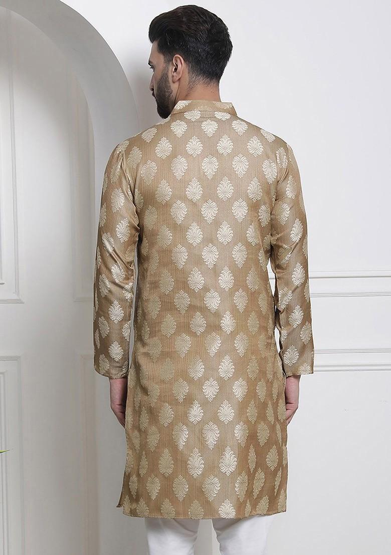 Beige Ethnic Motifs Poly Blend Kurta For Men