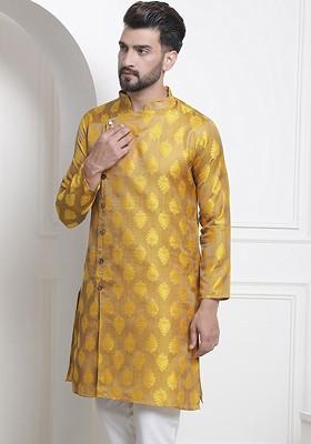 Mustard Ethnic Motifs Silk Kurta For Men
