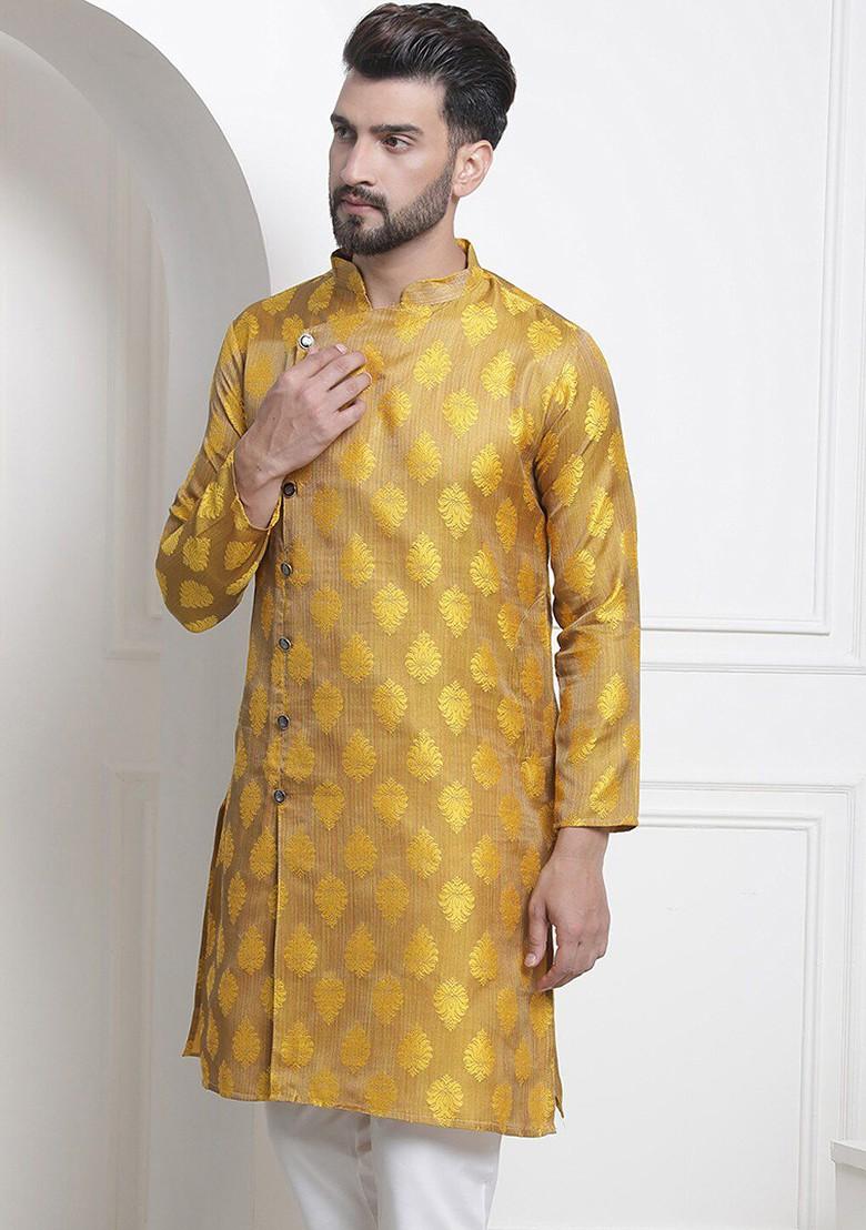 Mustard Ethnic Motifs Silk Kurta For Men