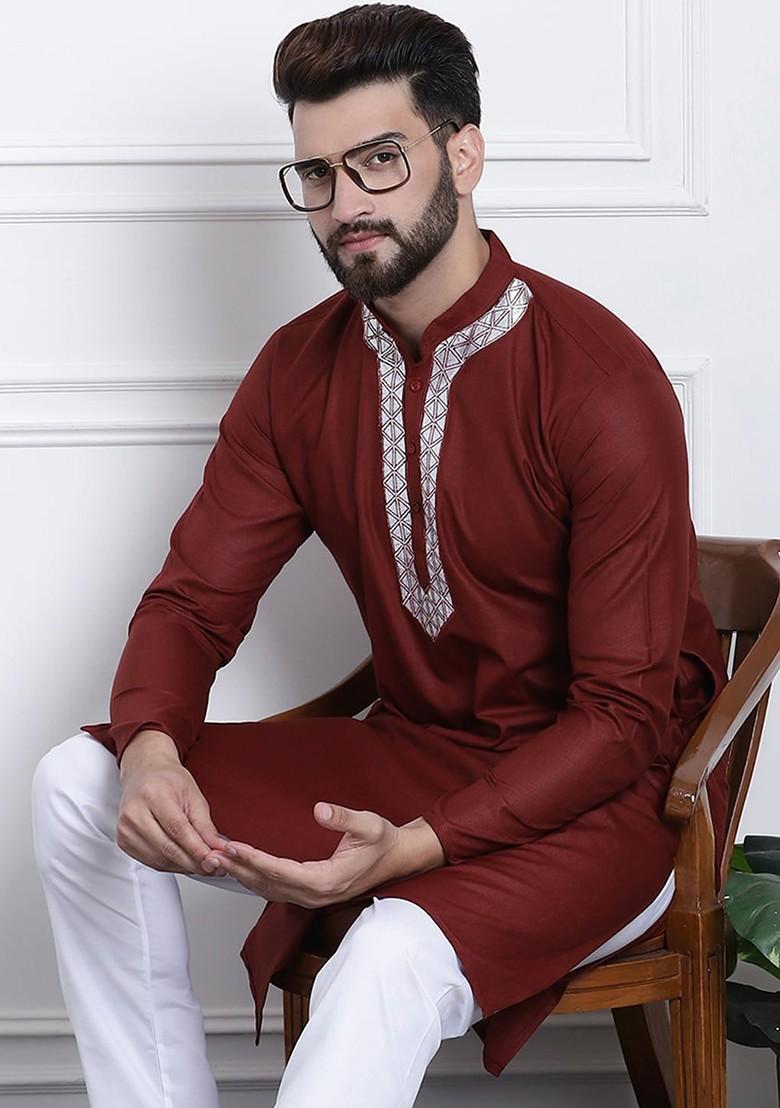 Maroon Thread Work Cotton Kurta For Men