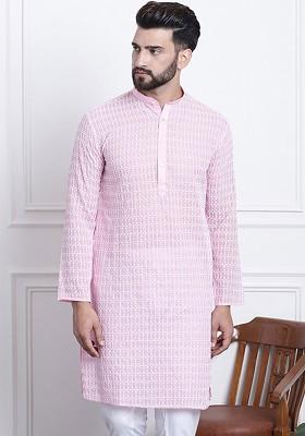Pink Embroidered Cotton Kurta For Men