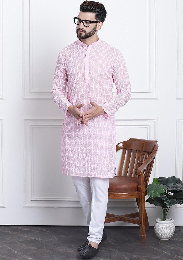 Pink Embroidered Cotton Kurta For Men