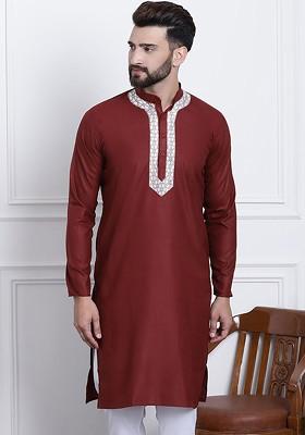 Maroon Solid Cotton Kurta For Men