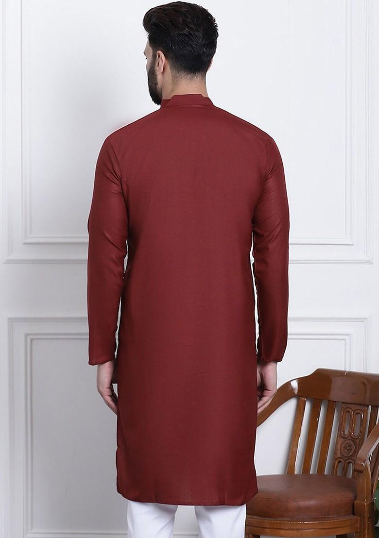 Maroon Solid Cotton Kurta For Men