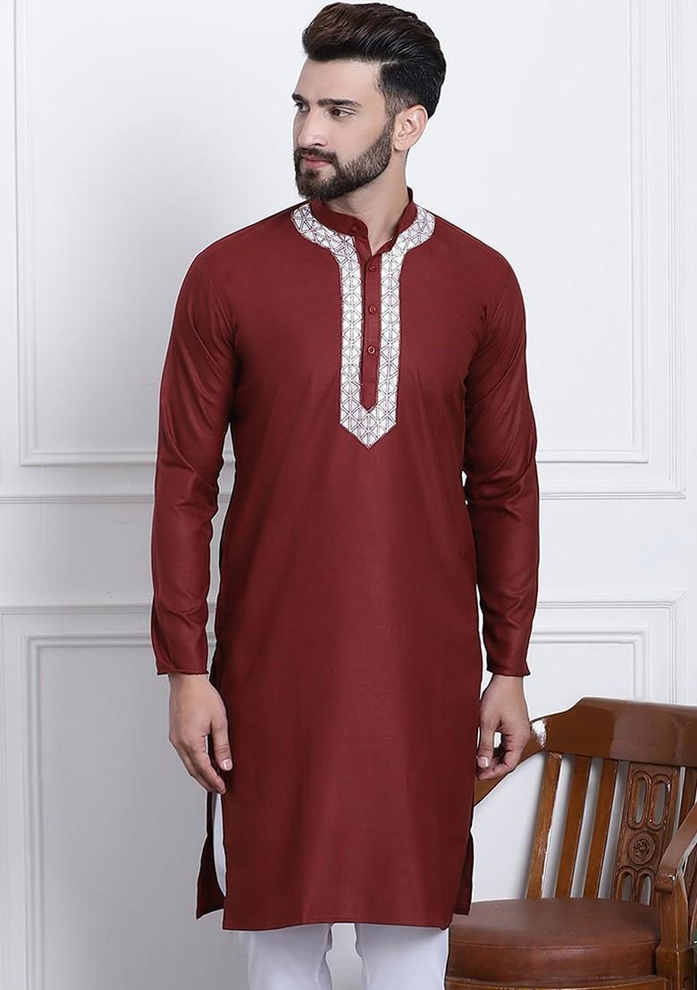 Maroon Solid Cotton Kurta For Men