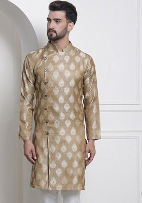 Beige Ethnic Motifs Poly Blend Kurta For Men