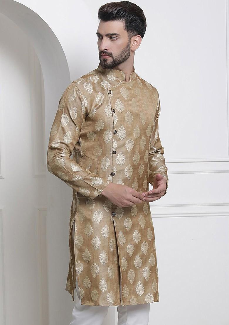 Beige Ethnic Motifs Poly Blend Kurta For Men