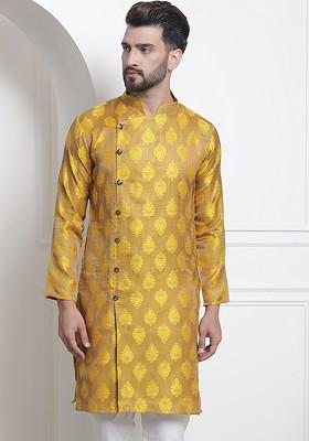 Mustard Ethnic Motifs Cotton Kurta For Men