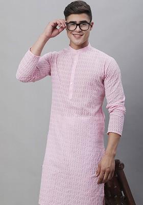 Pink Embroidered Cotton Kurta For Men