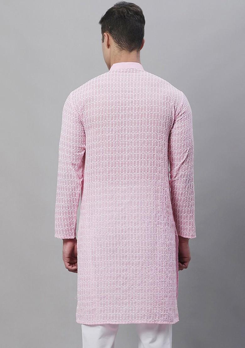 Pink Embroidered Cotton Kurta For Men