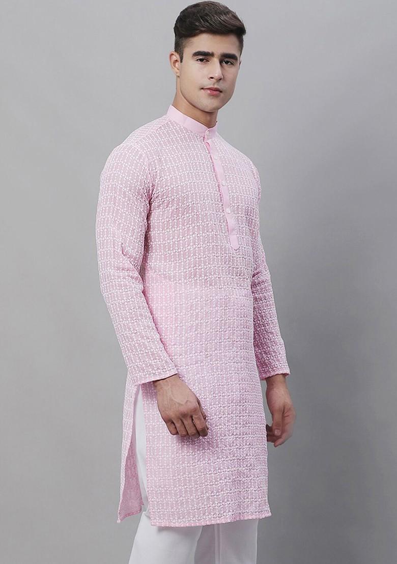 Pink Embroidered Cotton Kurta For Men