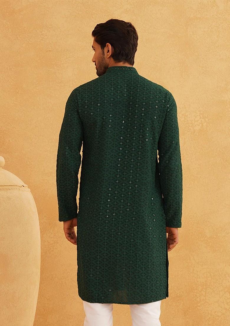 Green Embroidered Cotton Kurta For Men