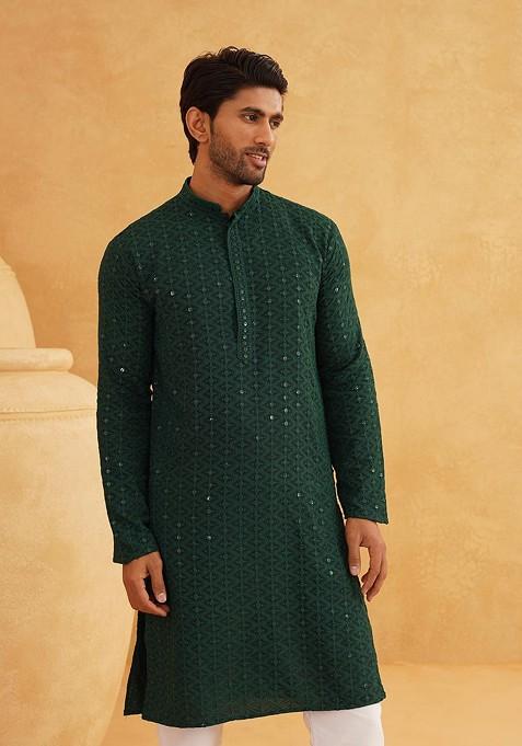 Green Embroidered Cotton Kurta For Men