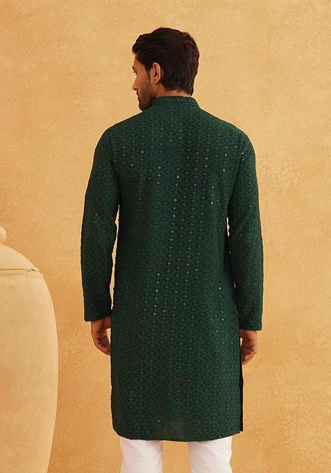Green Embroidered Cotton Kurta For Men