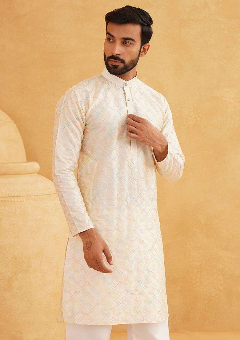 Cream Embroidered Cotton Kurta For Men - Indya