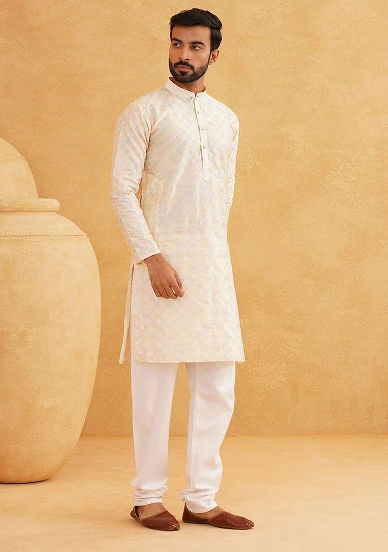Cream Embroidered Cotton Kurta For Men - Indya