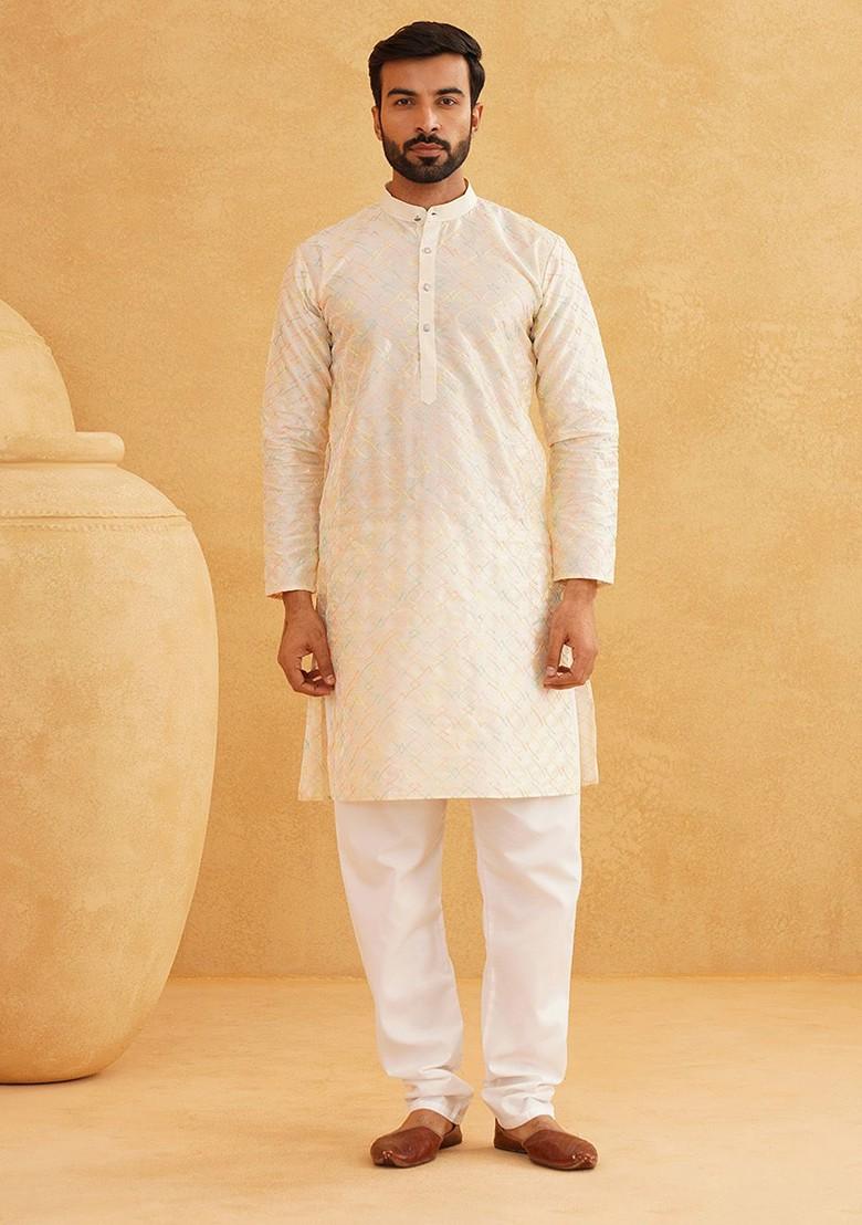 Cream Embroidered Cotton Kurta For Men