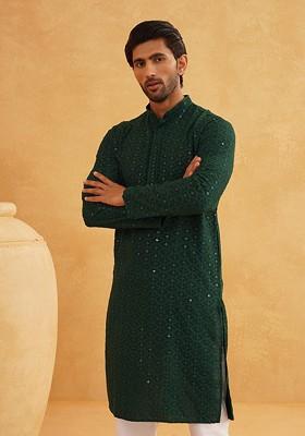 Green Embellished Cotton Kurta For Men